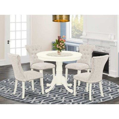 HomeStock 5-Piece Round Linen White Finish Solid Wood Top Dining Table with 4 Parson Chair