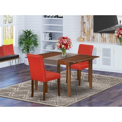Rectangle Dinette Table Set - 3Pc Dining Table with Butterfly Leaf & 2 Parsons Chairs - Firebrick Red