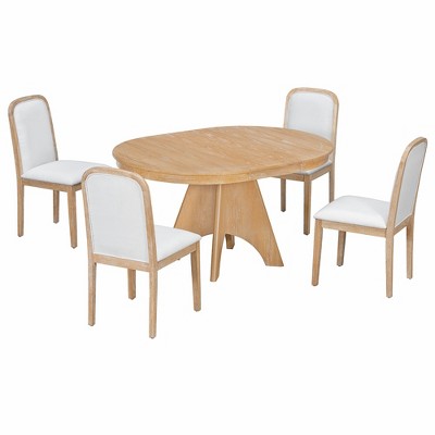 5 Piece Extendable Dining Table Set Dining Set for 4, Vintage Round Kitchen Table Set with 4 Upholstered Dining Chairs - ModernLuxe