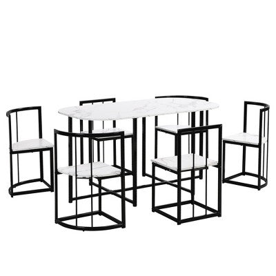 Modern Marble Dining Table Set for 6 with Metal Frame, Rectangular Marble Sticker Table and 6 Chairs for Dining Room Kitchen