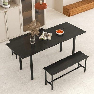 Costway 3 Piece Dining Table Set for 4-6 63Kitchen Table with 2 Benches Metal Frame Black/Walnut
