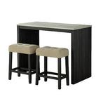 GDFStudio Hudson Transitional Travertine Top Wood 3-Piece Dining Set with Biscuit-Tufted Upholstered Stools