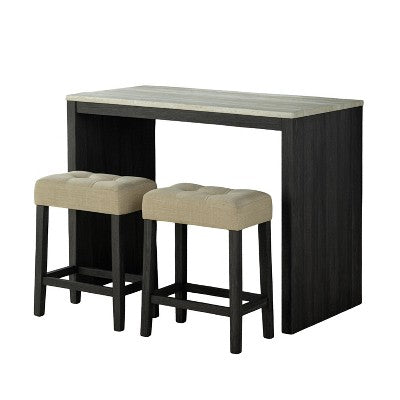 GDFStudio Hudson Transitional Travertine Top Wood 3-Piece Dining Set with Biscuit-Tufted Upholstered Stools