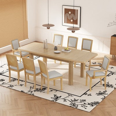 9 Pieces Extendable Dining Table Set for 6, Rectangular Kitchen Dining Table with Removable Leaf and 6 Armless Chairs and 2 Arm Chairs