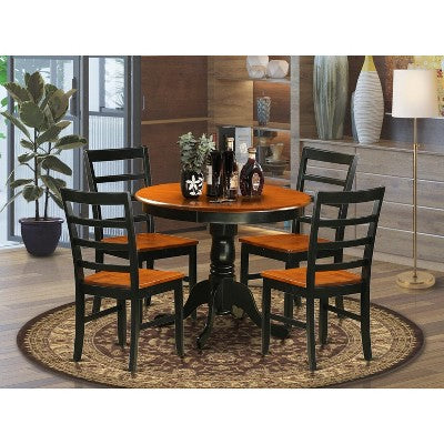 5-Piece Round Black Finish Solid Wood Top Dining table with 4-Chairs with