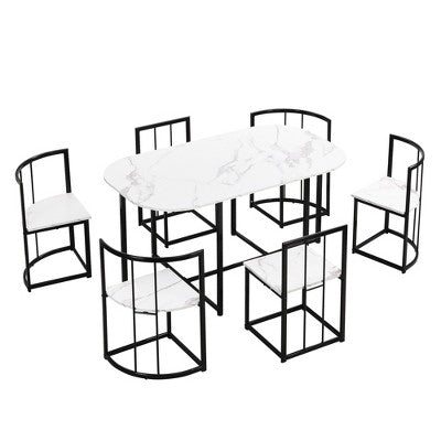Modern Marble Dining Table Set for 6 with Metal Frame, Rectangular Marble Sticker Table and 6 Chairs for Dining Room Kitchen