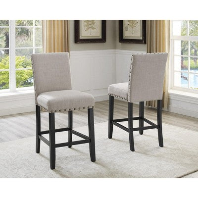 Roundhill Furniture Biony Espresso Wood Counter Height Dining Set with Tan Fabric Nailhead Stools