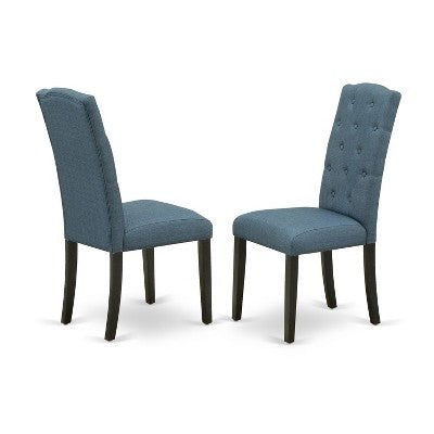 HomeStock 7 Piece Dinette Set Rectangle Table with Butterfly Leaf and 6 Mineral Blue Linen Fabric Chairs Black