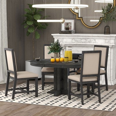 Farmhouse 5 Piece Kitchen Dining Set for 4, Solid Wood Extendable Round Dining Table Set and 4 Upholstered Chairs for Kitchen