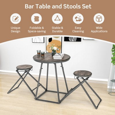 Costway 3-Piece Bar Table Set Round Pub Dining Table & 2 Foldable Stools w/ Metal Frame