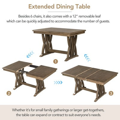 7 PCS Extendable Dining Set for 6, Dining Table Set with 6 Upholstered Dining Chairs, Mid-Century Style, Golden Brown+Gray-ModernLuxe