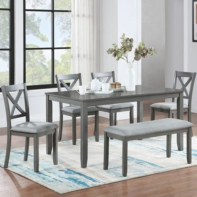 6-Piece Dining Set: Rectangular Wood Table, 4 Upholstered Chairs, Bench for Home Kitchen, Living Room, Bar