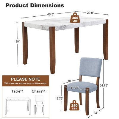 Faux Marble Dining Table Set for 4, 5 Pieces Rectangle Dining Table with 4 Upholstered Chairs for Small Space Kictchen