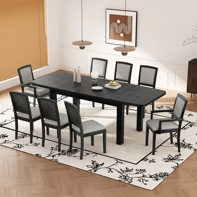 9 Pieces Extendable Dining Table Set for 6, Rectangular Kitchen Dining Table with Removable Leaf and 6 Armless Chairs and 2 Arm Chairs