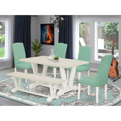 HomeStock 6-Piece Rectangle Wire Brushed Linen White Finish Solid Wood Top Dining Table with 1-Bench, 4-Chairs