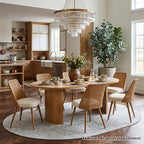 Dining Table Set for 6, Upholstered Dining Chairs with Rattan Backs and Oval Table in Natural Wood-Tone Finish, for Kitchen or Dining Room-Panipeachy