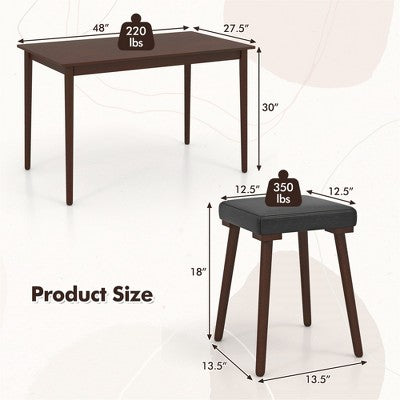 Costway 5PCS Dining Table Set for 4 w/ 4 Upholstered Stools Rubber Wood Legs for Kitchen