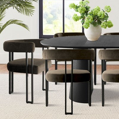Expandable Round to Oval Dining Table Set with 8 Velvet Chairs, 3-in-1 Pedestal Dining Set, Seats 4 to 8, Modern Dining Room Set-Panipeachy