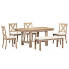 Farmhouse Extendable Dining Table Set for 6, Solid Wood Rectangular Kitchen Table Set with Removable Leaf, 4 Upholstered Chairs and Bench