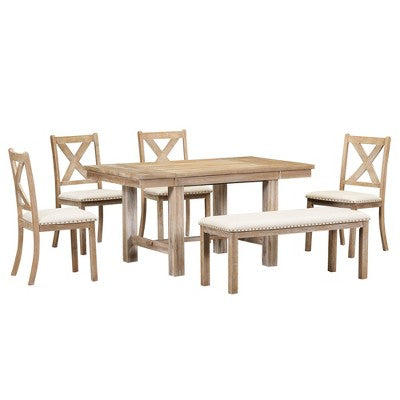 Farmhouse Extendable Dining Table Set for 6, Solid Wood Rectangular Kitchen Table Set with Removable Leaf, 4 Upholstered Chairs and Bench
