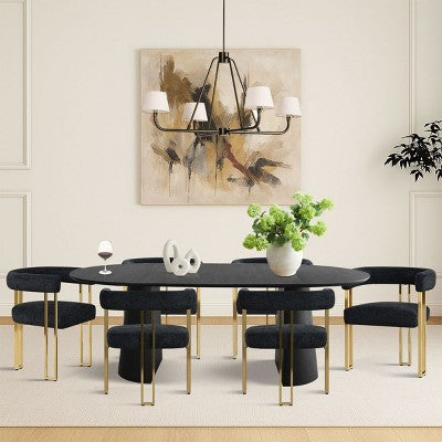 3-in-1 Oval Extendable Dining Table Set with Chenille Upholstered Chairs Featuring Gold Metal Legs, Versatile Dining Furniture-Panipeachy