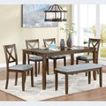 6-Piece Dining Set: Rectangular Wood Table, 4 Upholstered Chairs, Bench for Home Kitchen, Living Room, Bar