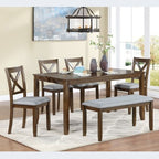 6-Piece Dining Set: Rectangular Wood Table, 4 Upholstered Chairs, Bench for Home Kitchen, Living Room, Bar
