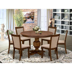 HomeStock Modern Round Dining Table Set Walnut Linen Chairs