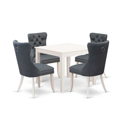 5-Piece Linen White Finish Solid Wood Top - Square Upholstered Dining Room Set - Seats 4