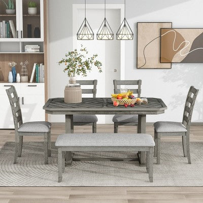 6 PCS Rubber Wood Dining Table Set with Beautiful Wood Grain Veneer Tabletop and Soft Cushion-ModernLuxe