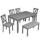 6-Piece Dining Set: Rectangular Wood Table, 4 Upholstered Chairs, Bench for Home Kitchen, Living Room, Bar