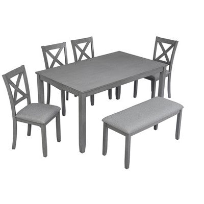 6-Piece Dining Set: Rectangular Wood Table, 4 Upholstered Chairs, Bench for Home Kitchen, Living Room, Bar