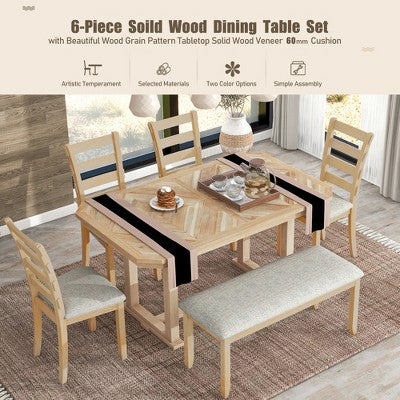 6 PCS Rubber Wood Dining Table Set with Beautiful Wood Grain Veneer Tabletop and Soft Cushion-ModernLuxe