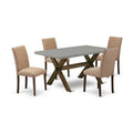HomeStock 5-Pc Rectangle Distressed Jacobean Finish Solid Wood Top Dining Table with 4-Upholstered Chairs