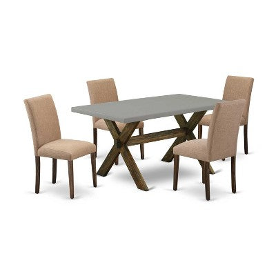 HomeStock 5-Pc Rectangle Distressed Jacobean Finish Solid Wood Top Dining Table with 4-Upholstered Chairs