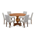 HomeStock 7 Piece Antique Walnut Round Pedestal Dining Set with 6 Linen Parson Chairs
