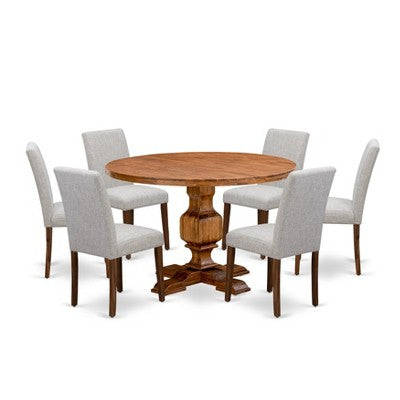 HomeStock 7 Piece Antique Walnut Round Pedestal Dining Set with 6 Linen Parson Chairs