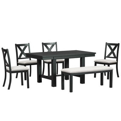 Farmhouse Extendable Dining Table Set for 6, Solid Wood Rectangular Kitchen Table Set with Removable Leaf, 4 Upholstered Chairs and Bench