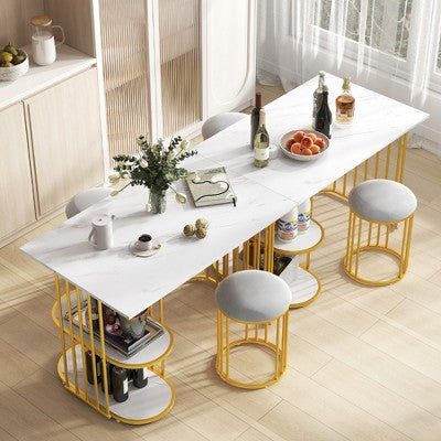 Costway 3 Piece Dining Table Set w/ 2 Stools 2-tier Storage Shelf Upholstered Seat
