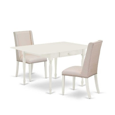 HomeStock 3-Piece Linen White Finish Rectangular Solid Wood Top with Dropleaf Dining Table Set