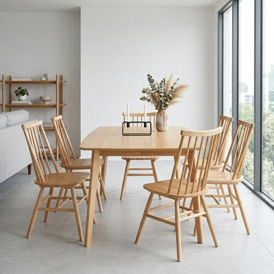 GDFStudio Harrison Scandinavian Farmhouse 7-Piece Wood Dining Set with 6 Windsor Curved Back Chairs