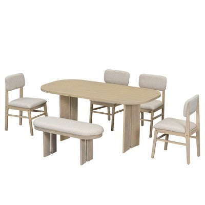 Solid Wood Dining Table Set with Bench for 5, 6 Pieces Upholstered Rectangular Dining Room Table Set with 4 Chairs & Bench