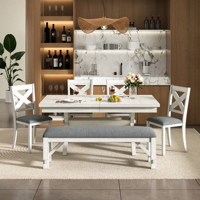 VECELO Rustic 6-Piece Extendable Dining Table Set, Rubber Wood Table with 4 Armless Upholstered Dining Chairs and Bench for Kitchen, Gray