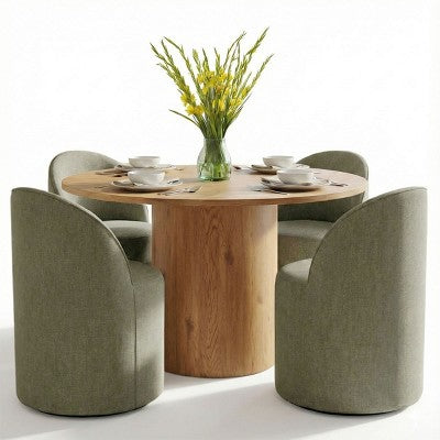 Dining Table Set for 4, Upholstered Barrel Chair with Castors and Round Pedestal Table for Kitchen or Breakfast Nook-Panipeachy