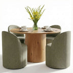 Dining Table Set for 4, Upholstered Barrel Chair with Castors and Round Pedestal Table for Kitchen or Breakfast Nook-Panipeachy