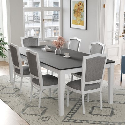 Rustic Extendable Dining Table Set for 6, 7 Pieces Rectangle Dining Table with 6 Upholstered Chairs, Kitchen Table Set with 2 Drawers