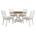 Farmhouse Extendable Round Dining Set for 4, Kitchen Dining Table Set with 4 Upholstered Dining Chairs for Dining Room