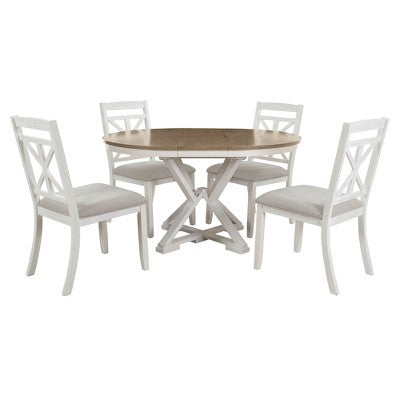 Farmhouse Extendable Round Dining Set for 4, Kitchen Dining Table Set with 4 Upholstered Dining Chairs for Dining Room