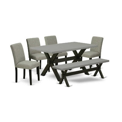 HomeStock 6-Pc Rectangle Natural Oak Finish Solid Wood Top Dining Table with 1-Bench, 4-Chairs