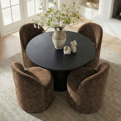5-Piece Dining Table Set for 4, Modern Barrel Chair with Wheels and Chenille Upholstery, Black Round Pedestal Table-Panipeachy